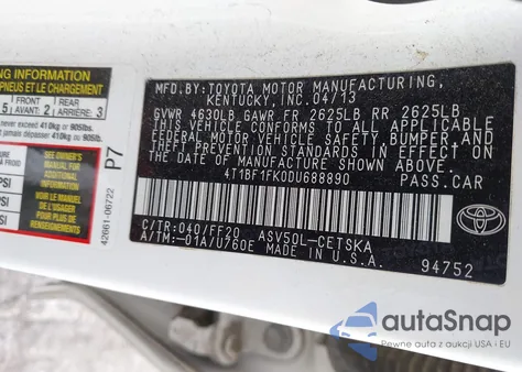 2013 Toyota Camry Se z USA, uszkodzony, nr VIN 4T1BF1FK0DU688890